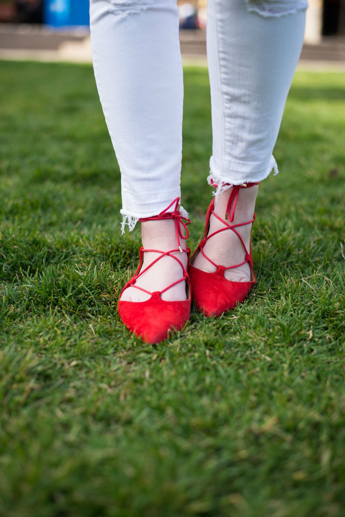 White denim + Red Lace Ups I wit & whimsy