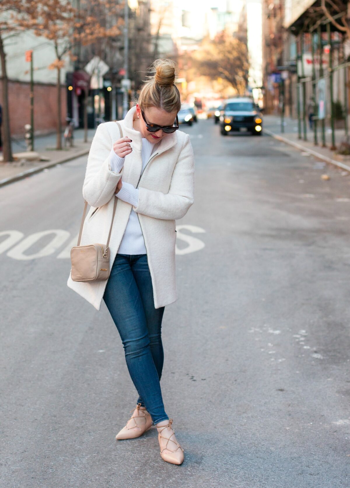 White Coat + Laceup Flats