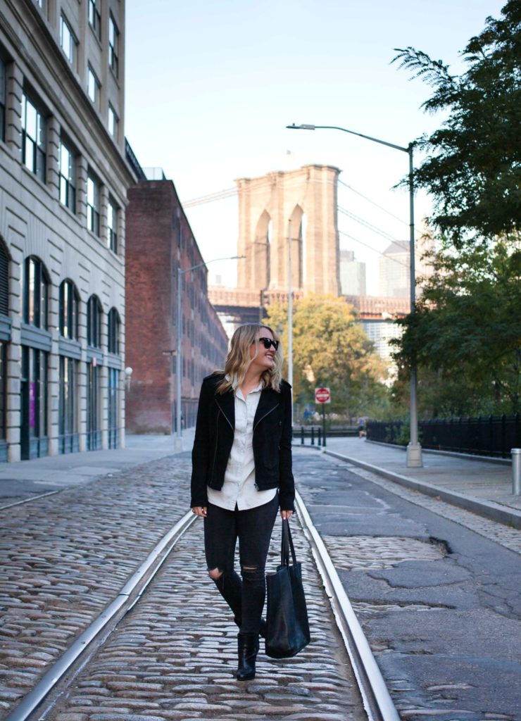 Suede Moto Jacket and Distressed Denim on wit & whimsy blogger Meghan Donovan