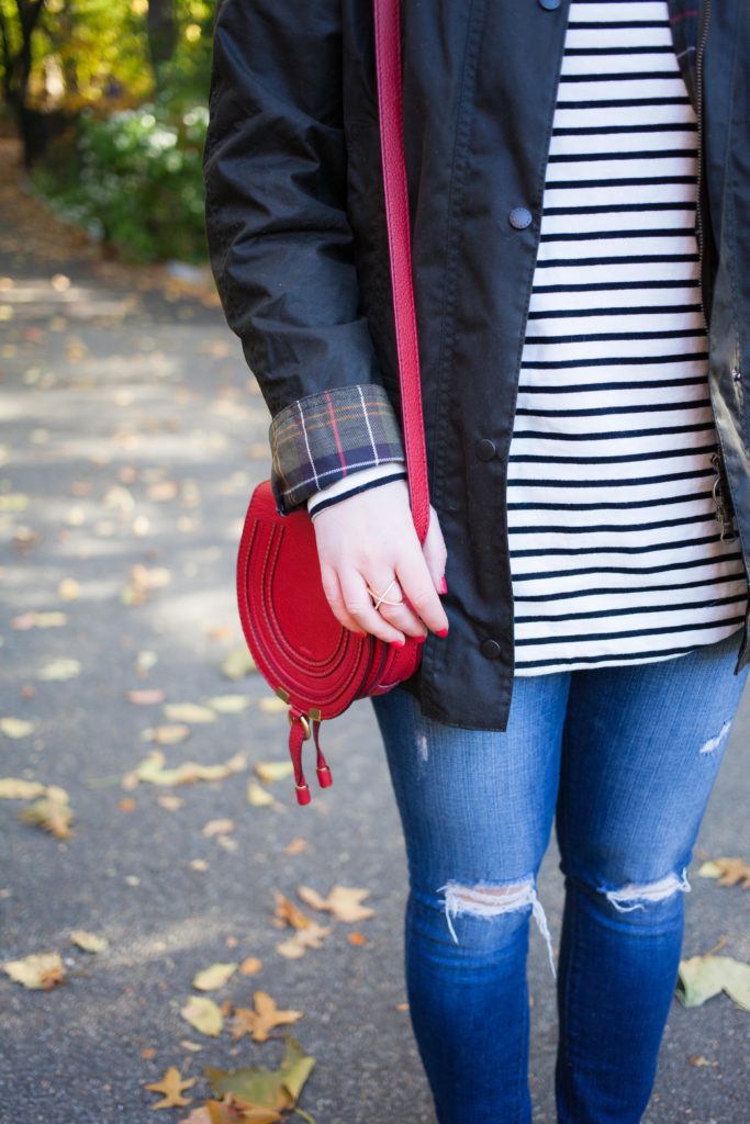 Barbour Jacket with Striped Tee and Chloe Mini Marcie Bag