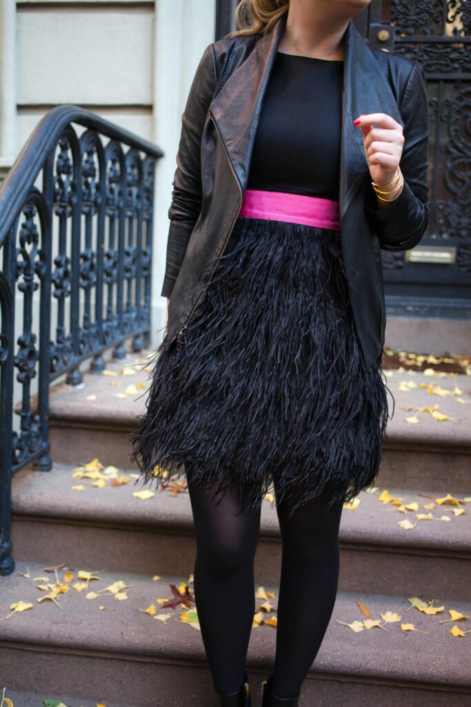 Holiday Dressing Tips I Pair a leather jacket over a feminine dress