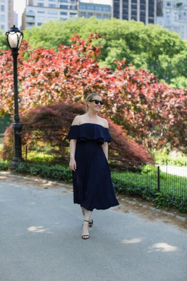 ASOS Navy Off the Shoulder Dress | Affordable Wedding Guest Outfit Ideas | wit & whimsy