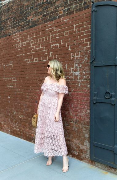 Meghan Donovan of wit & whimsy wears a lace midi dress