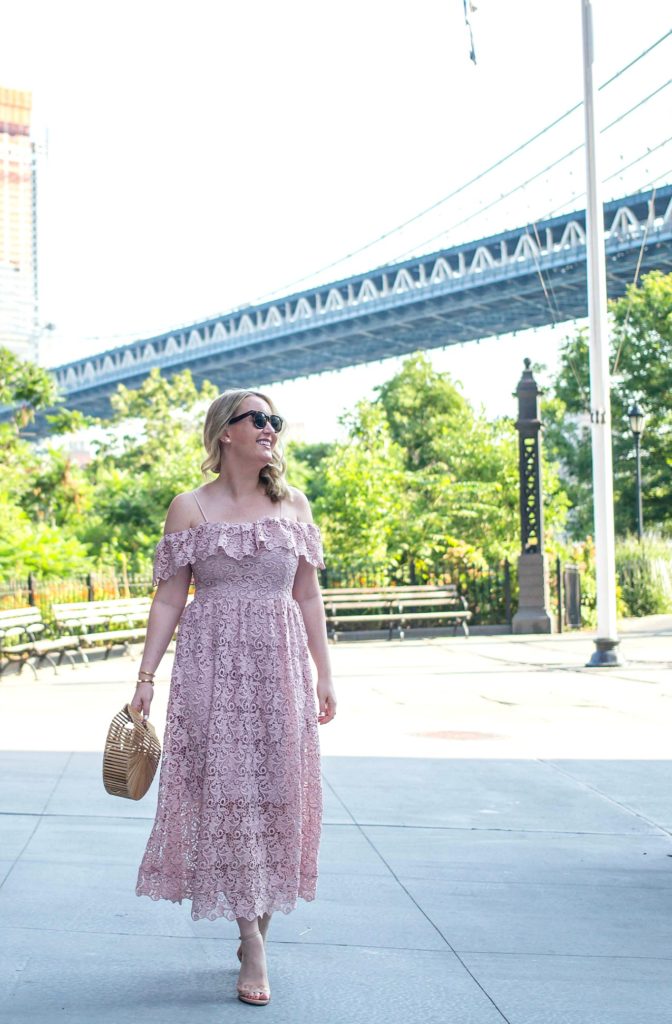 Meghan Donovan of wit & whimsy wears a lace midi dress
