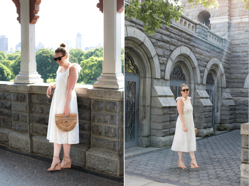 Meghan Donovan of wit & whimsy wears an eyelet dress in Central Park
