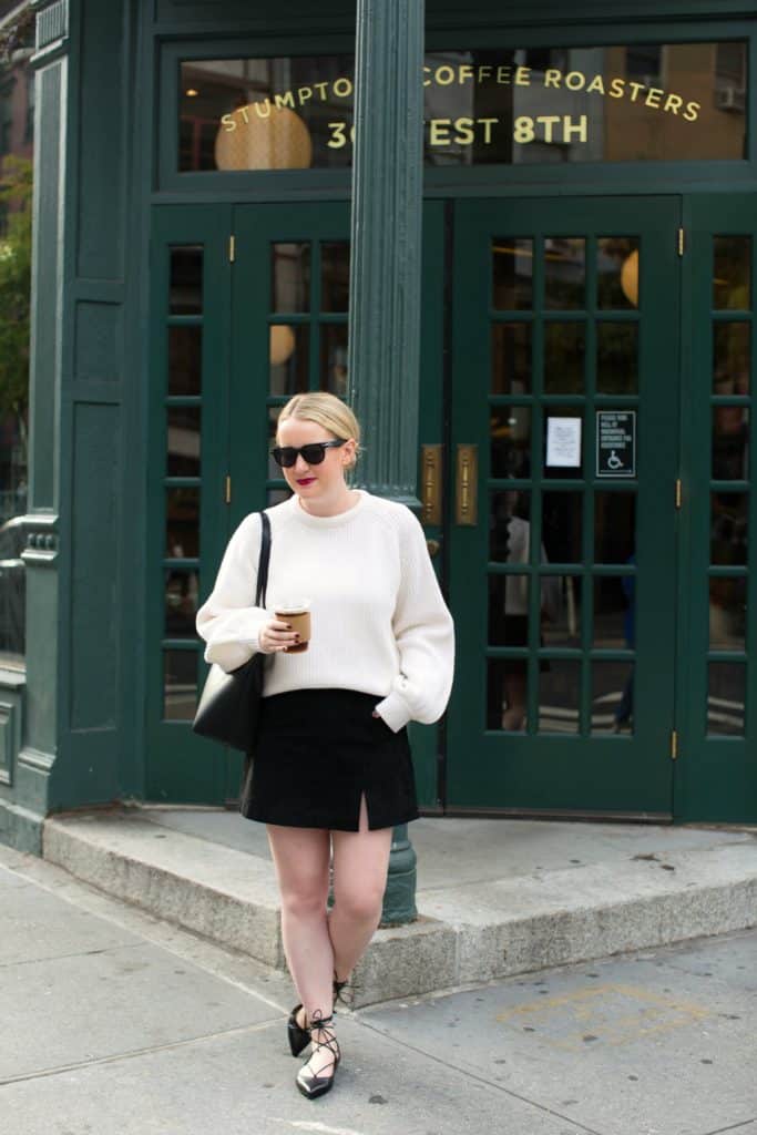 Meghan Donovan of wit & whimsy wears a Demylee Sweater + Suede Skirt