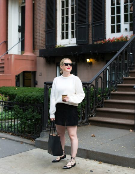 Meghan Donovan of wit & whimsy wears a Demylee Sweater + Suede Skirt
