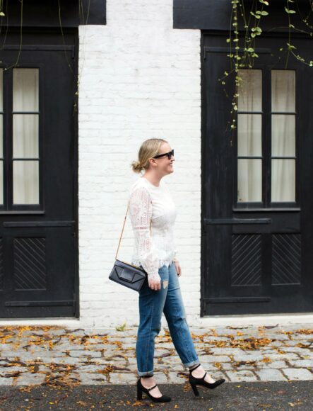 Meghan Donovan wears a lace top with boyfriend jeans and Mary Janes