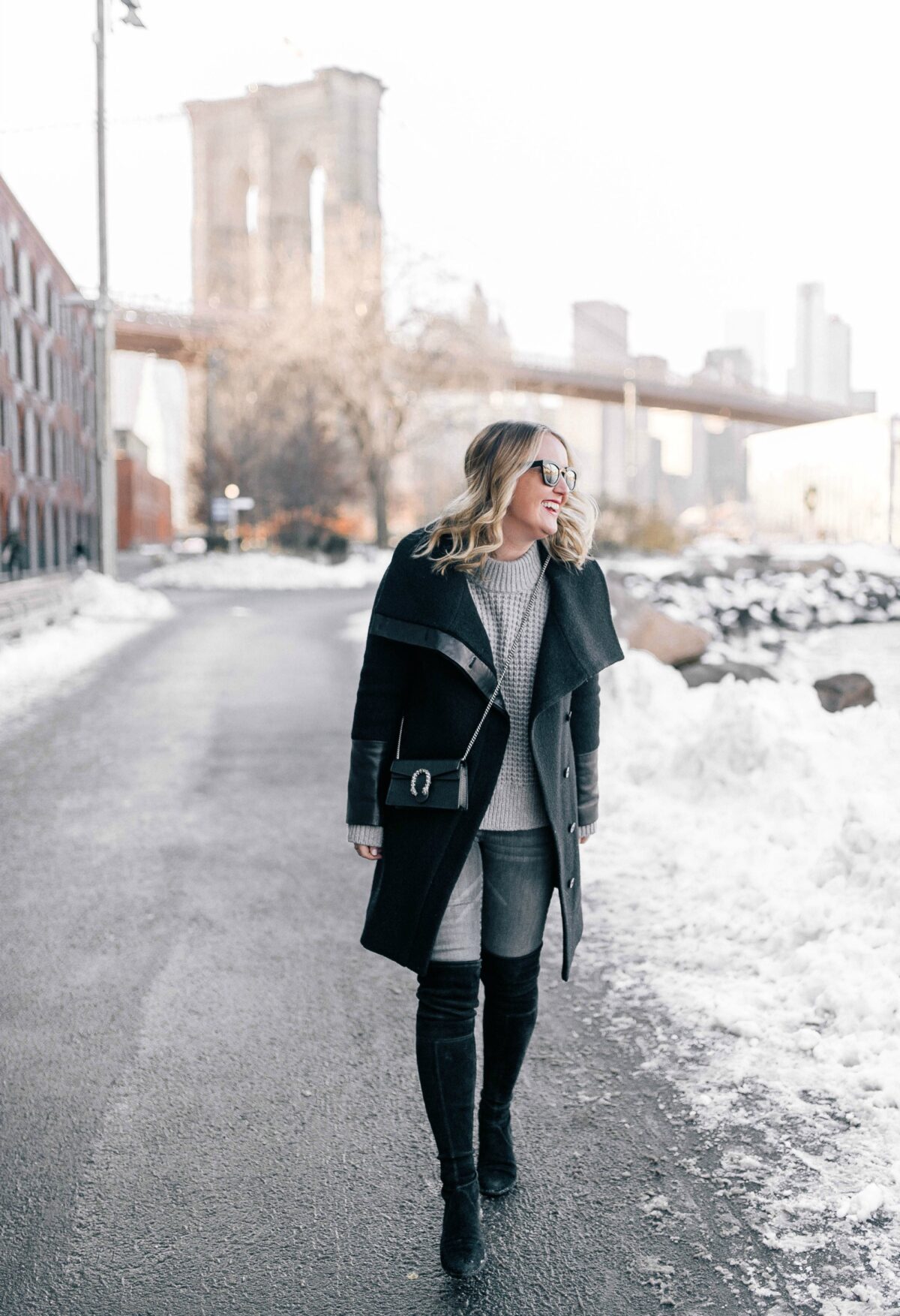 Leather trimmed coat on Meghan Donovan of wit & whimsy