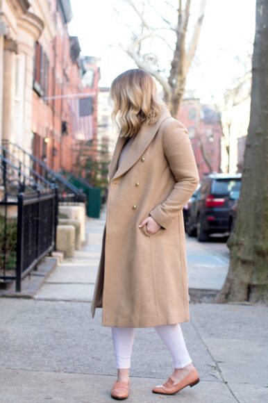 Styling a camel coat with white jeans I seen on Meghan Donovan of wit & whimsy