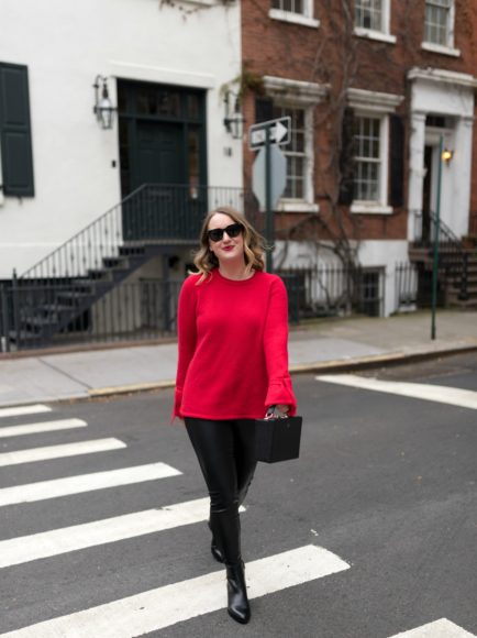Red Holiday Sweater I Leather Leggings