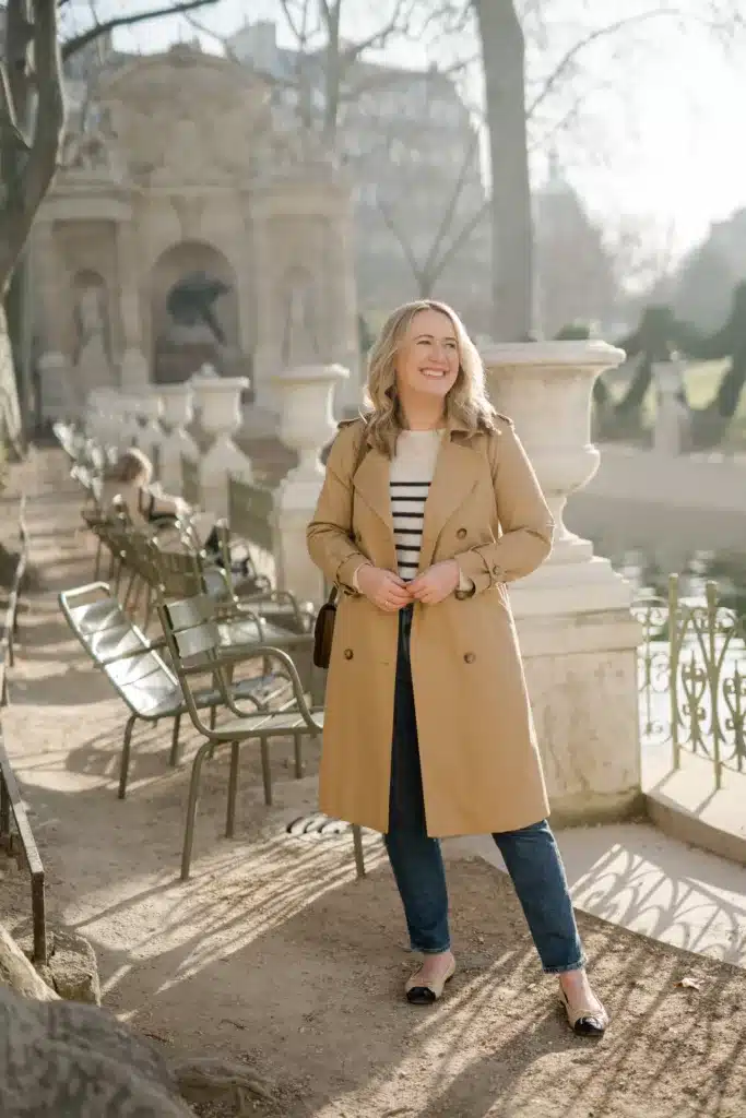 Sezane Trench coat with Striped Sweater Paris Outfit