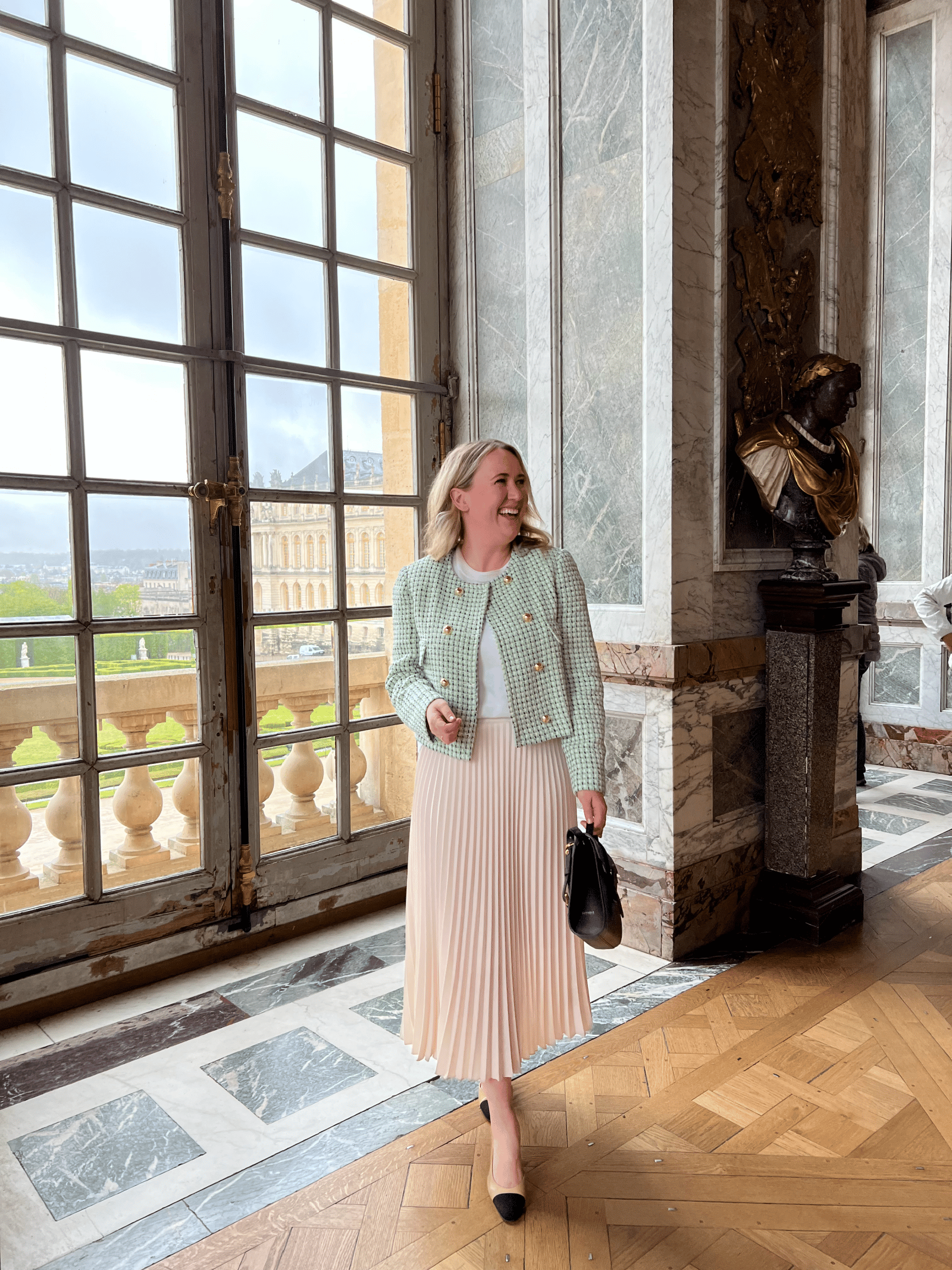 Mango Tweed Jacket and Pleated Skirt at Versailles France