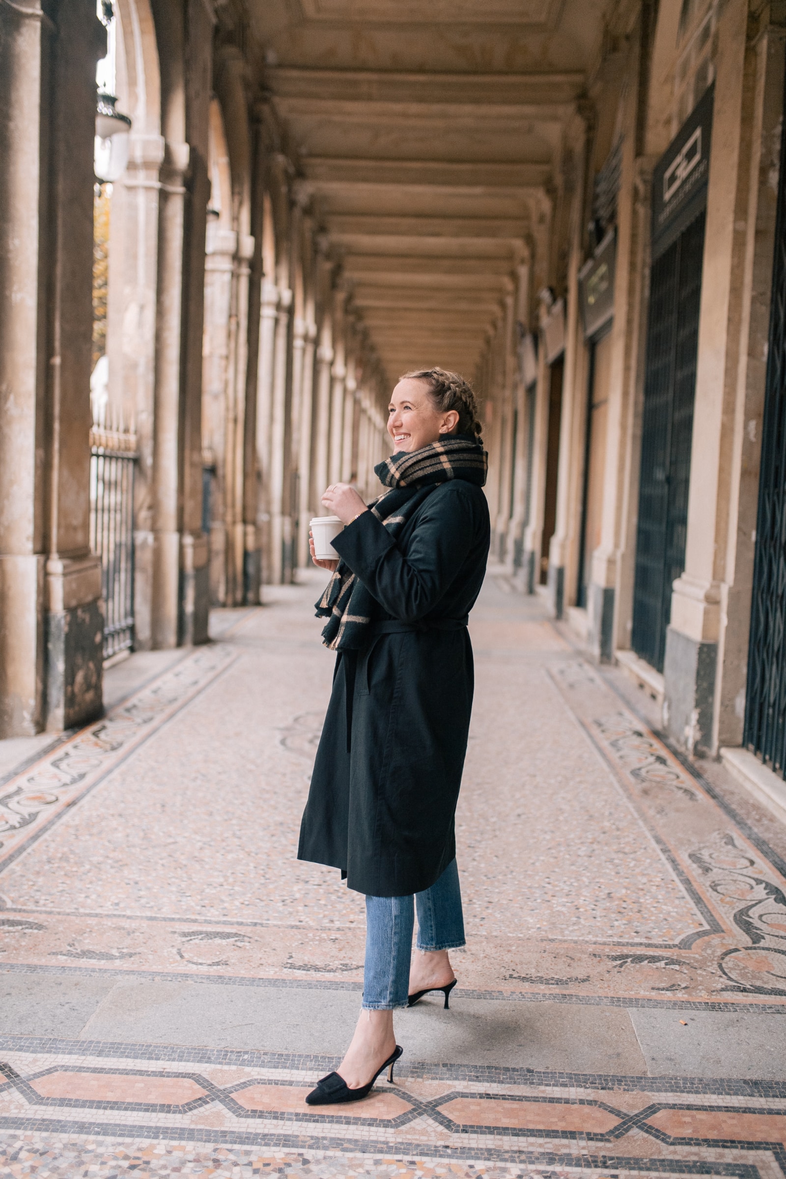 Paris Fall Outfit Everlane Trench Coat and Scarf with Manolo Blahnik Heeled Mules