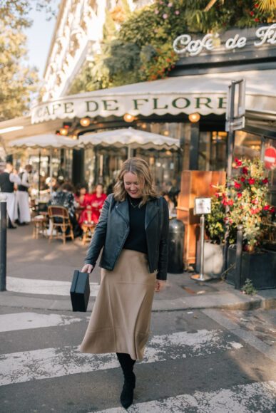 Paris Fall Outfit - Slip Skirt with Leather Jacket and Sarah Flint Boots