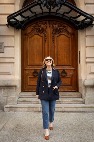 Sezane Navy Blazer, Agolde Riley Jeans, Alex Mill Striped Tee and Margaux Mules