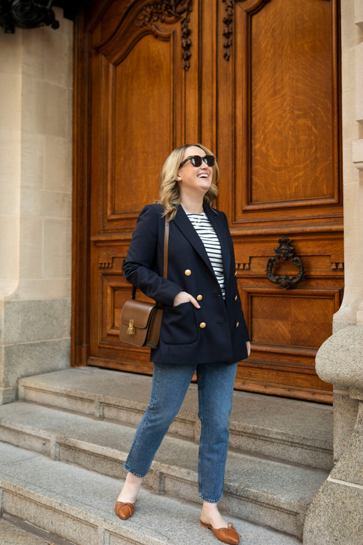 Sezane Navy Blazer, Agolde Riley Jeans, Alex Mill Striped Tee and Margaux Mules with Celine Box Bag