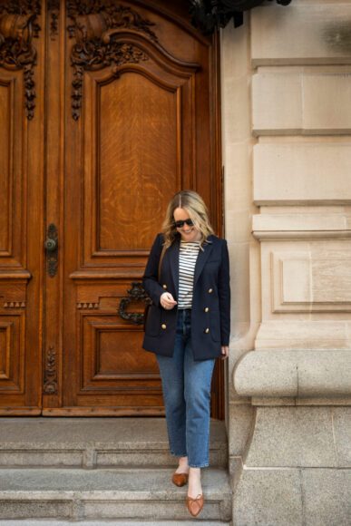 Sezane Navy Blazer, Agolde Riley Jeans, Alex Mill Striped Tee and Margaux Mules with Celine Box Bag