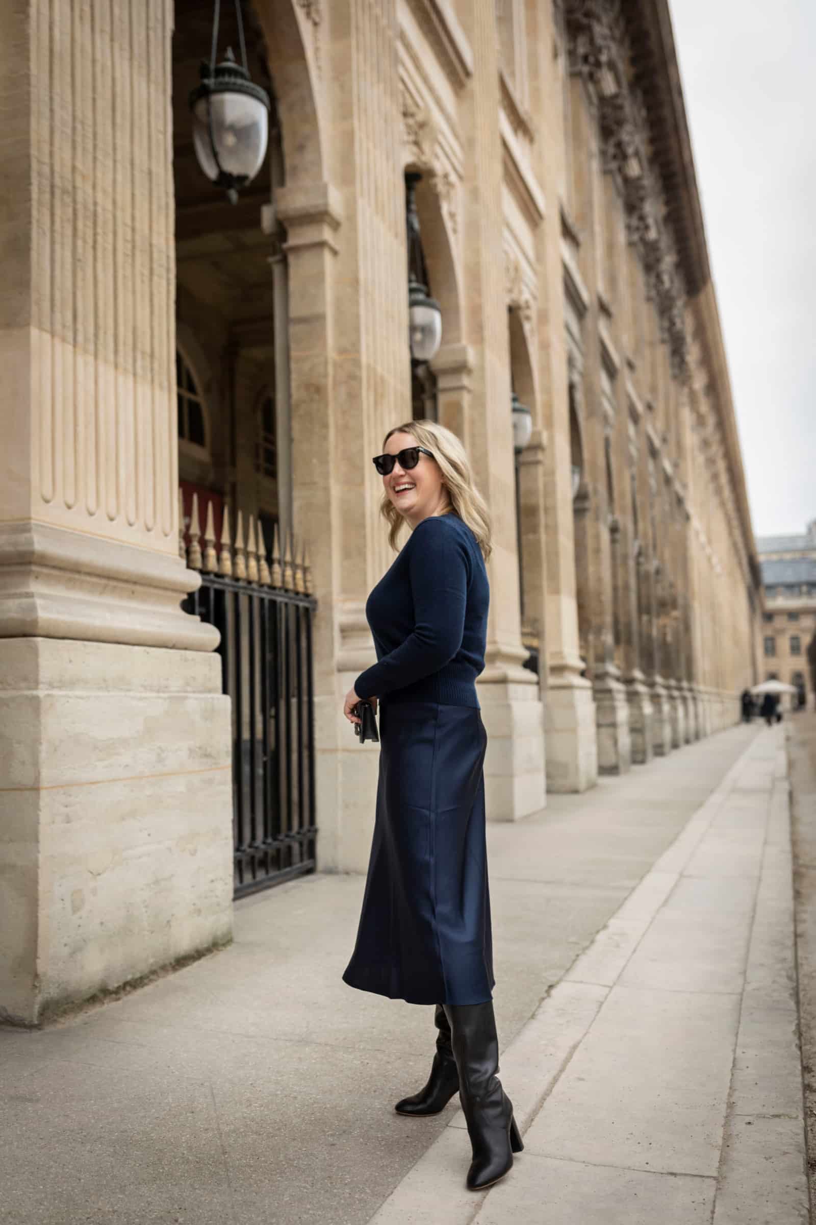 All Navy Work Outfit Paris Loeffler Randall Boots J.Crew Sweater and Skirt