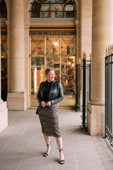 Meghan Donovan in Paris in Bash Paris Skirt and Leather Jacket Paris Outfit