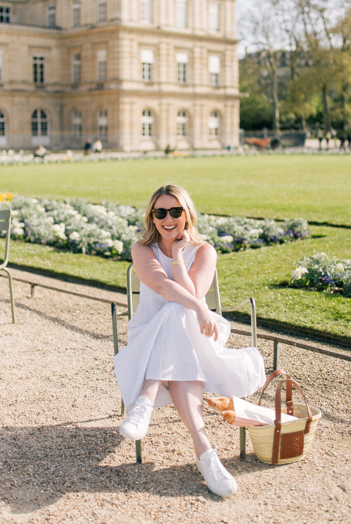 Spring in Paris Outfit I M.M.LaFleur Poplin Dress and Loewe Tote and Common Projects Sneakers
