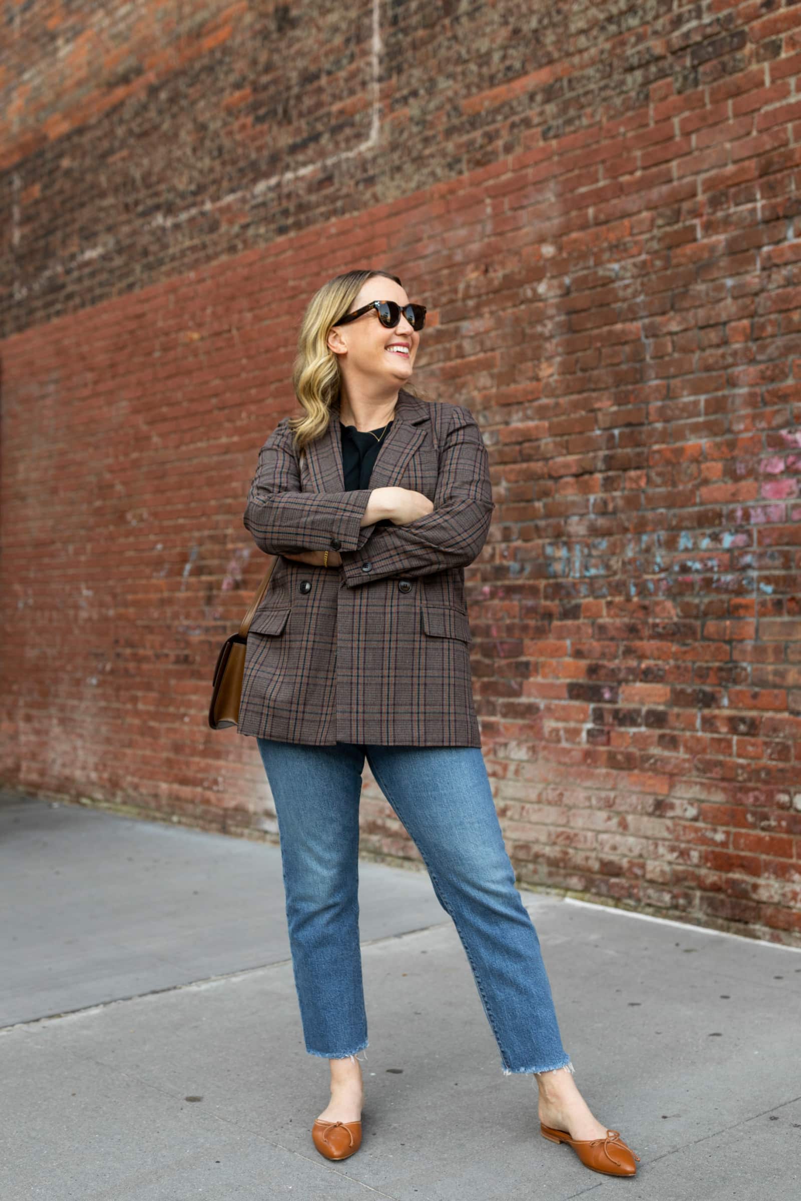 Fall Plaid Blazer with Levi's Jeans and Margaux Mules