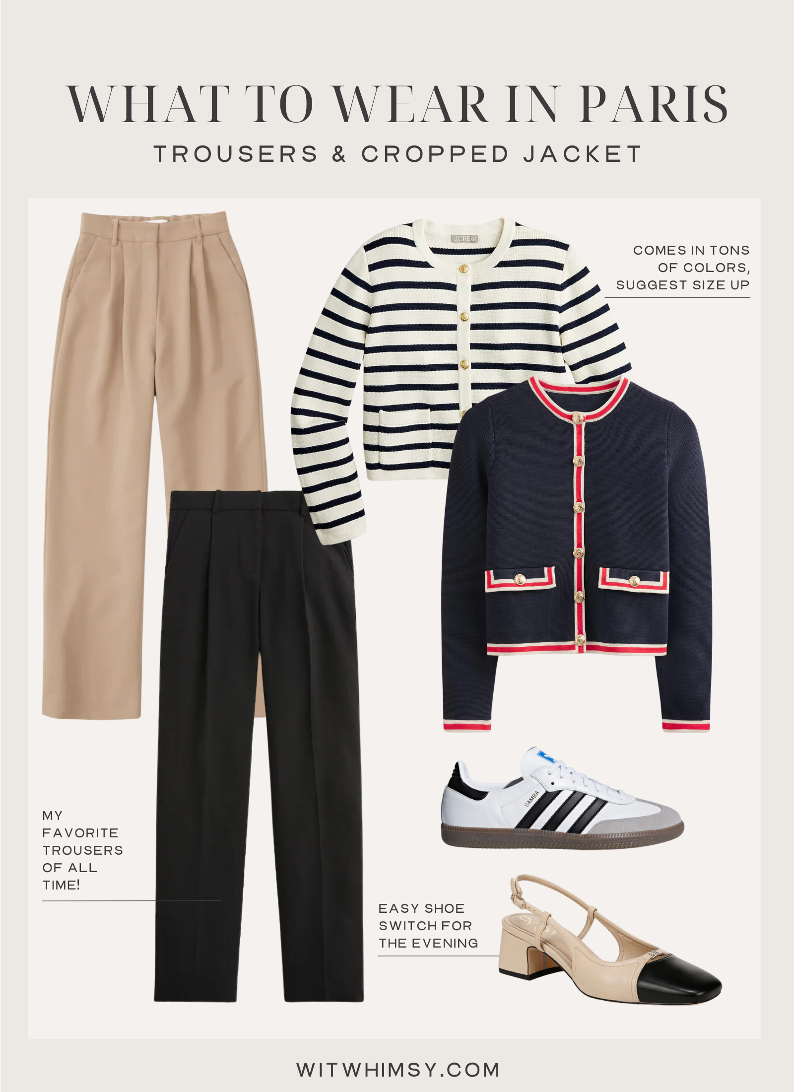 Outfit collage including trousers, lady sweater jackets, Adidas Sambas and a pair of slingback heels