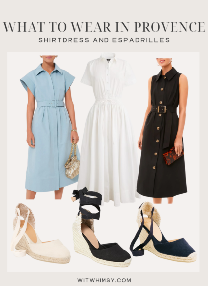 Collage of shirtdresses and espadrilles to wear in Provence