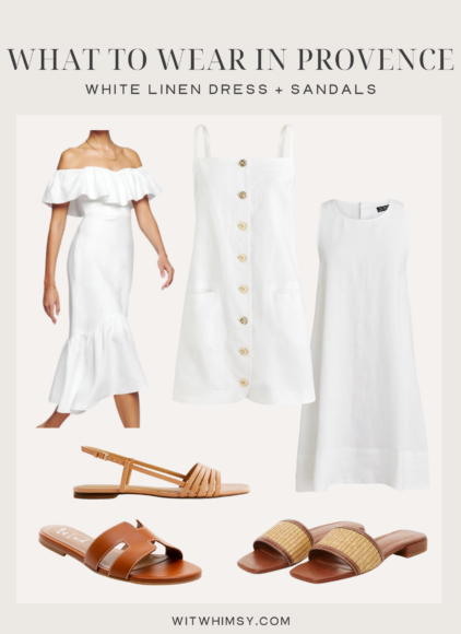 Collage of white dresses and sandals to wear in Provence