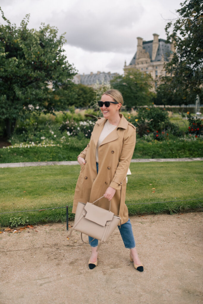 Paris Outfit with Celine Bag Chanel Shoes and Trench Coat by Sezane