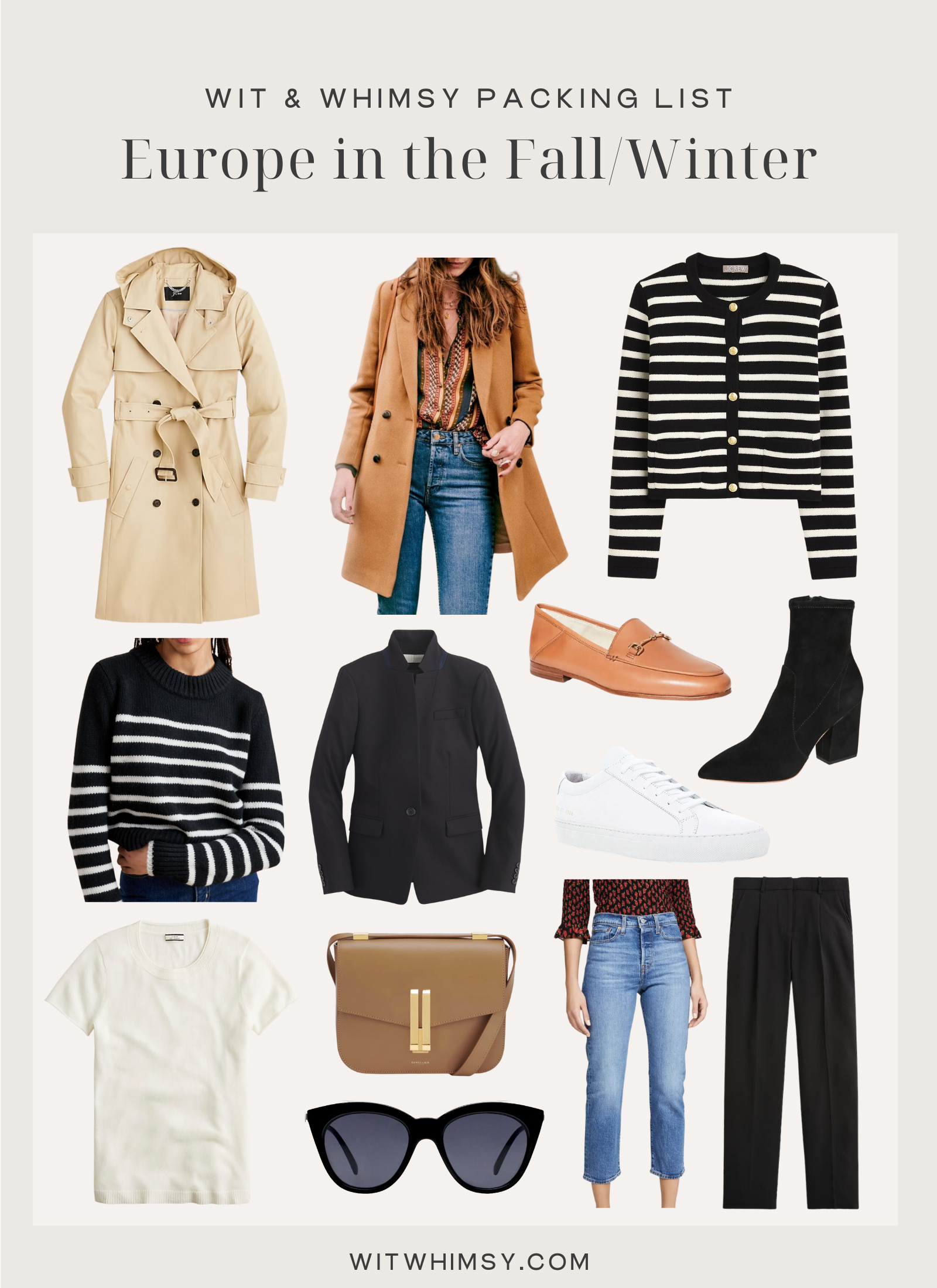 Collage of clothes and accessories to pack for a trip to Europe in the Fall or Winter