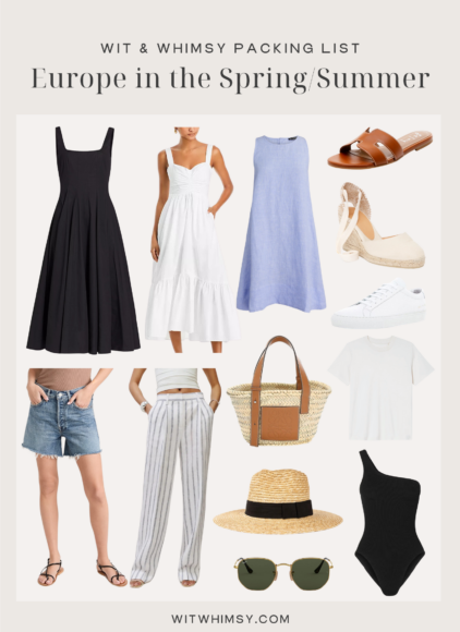 Collage of clothes and accessories to pack for a trip to Europe in the Spring or Summer
