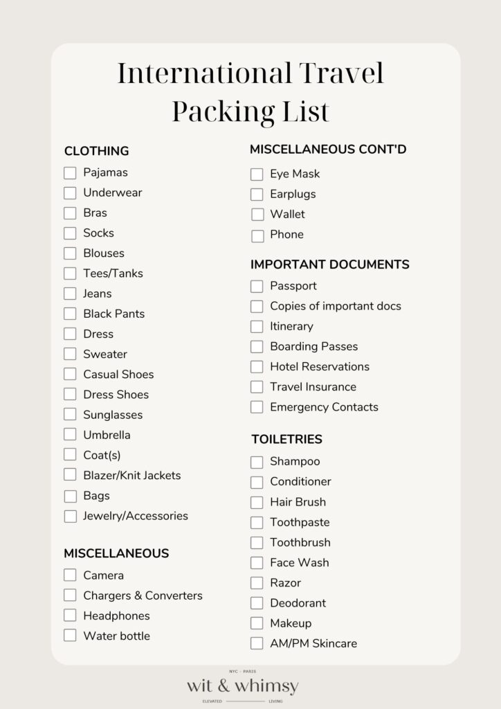 International Travel Packing List