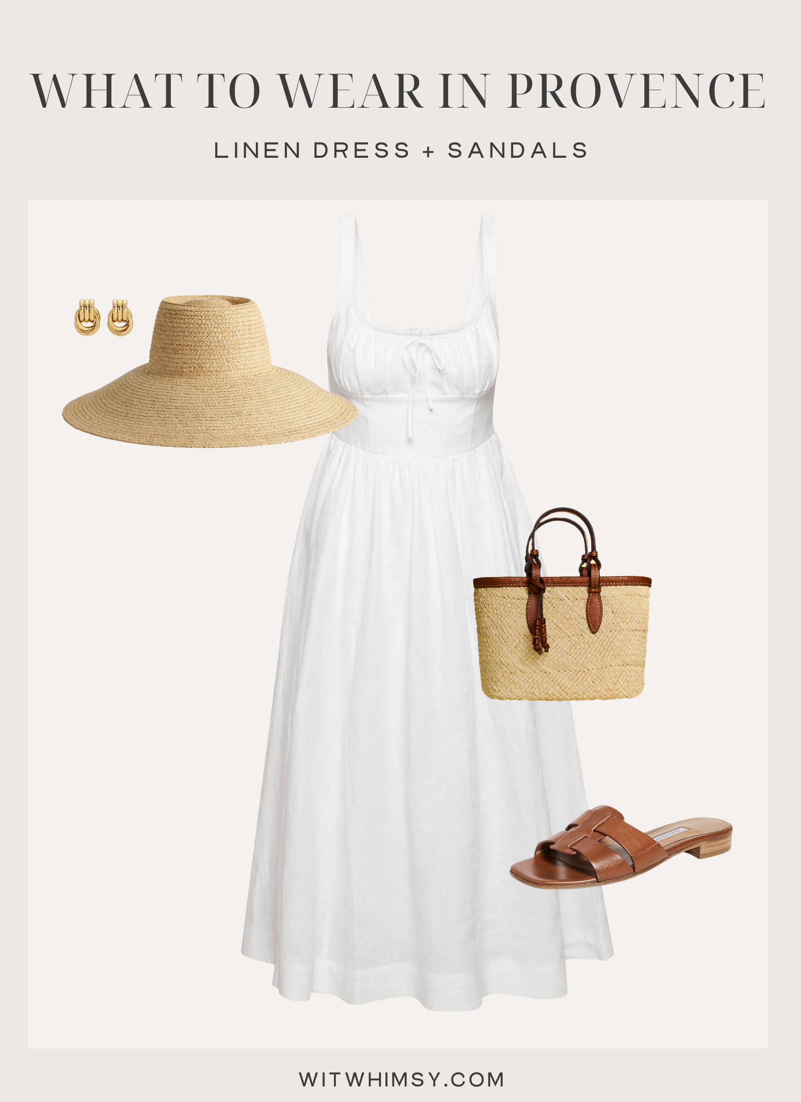 White linen sundress styled with brown sandals and a woven handbag and sun hat
