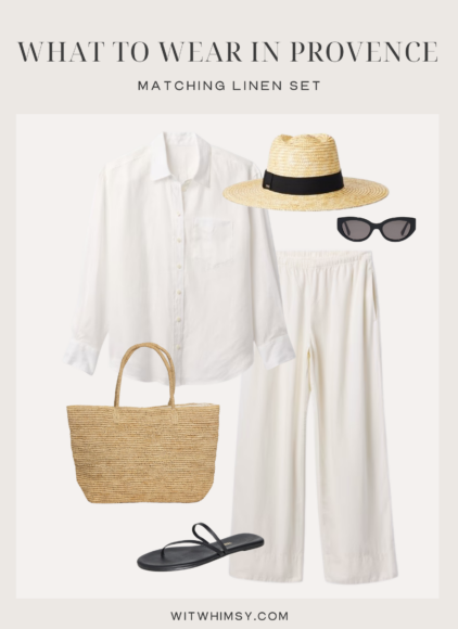 Matching linen button down shirt and pants paired with a woven hat and bag for Provence
