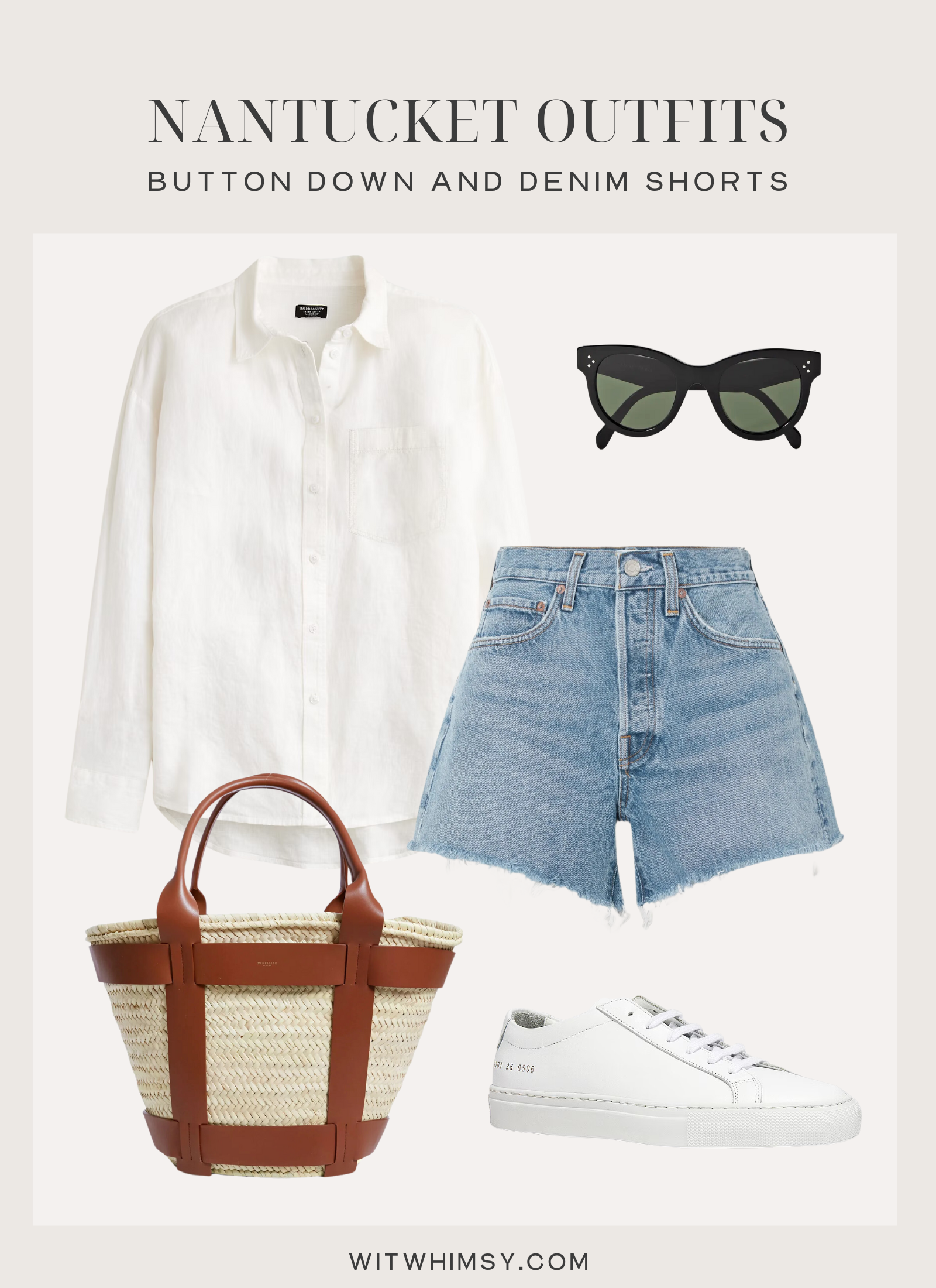 white linen shirt and denim shorts with Summer accessories for nantucket