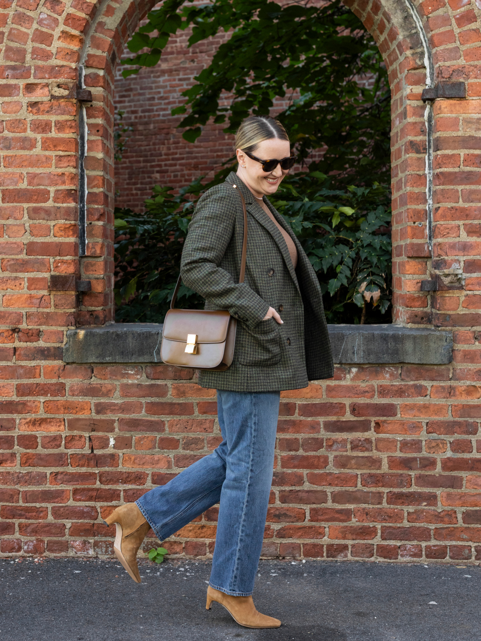 Sezane Plaid Blazer with Celine Box Bag and Staud Boots