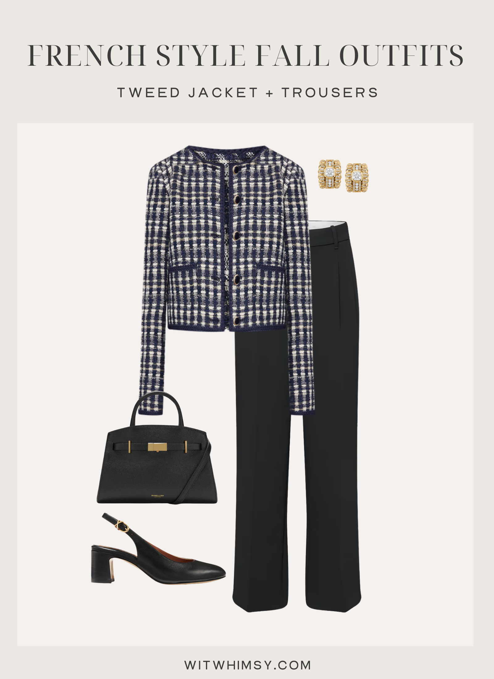 French fall outfit with navy tweed jacket, tailored black trousers, slingback heels, and structured handbag