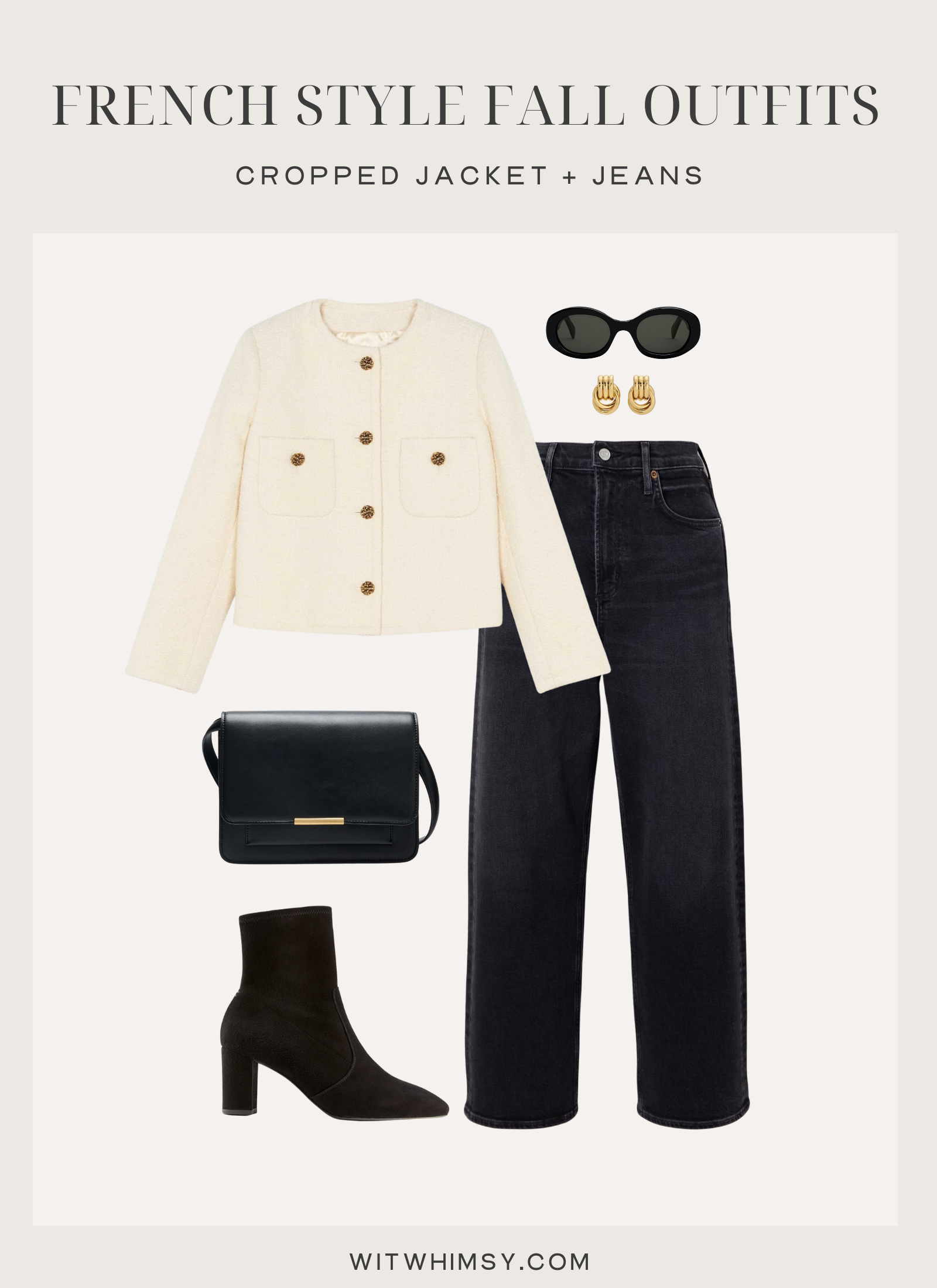 French fall outfit with cropped cream jacket, black jeans, ankle boots, and crossbody bag