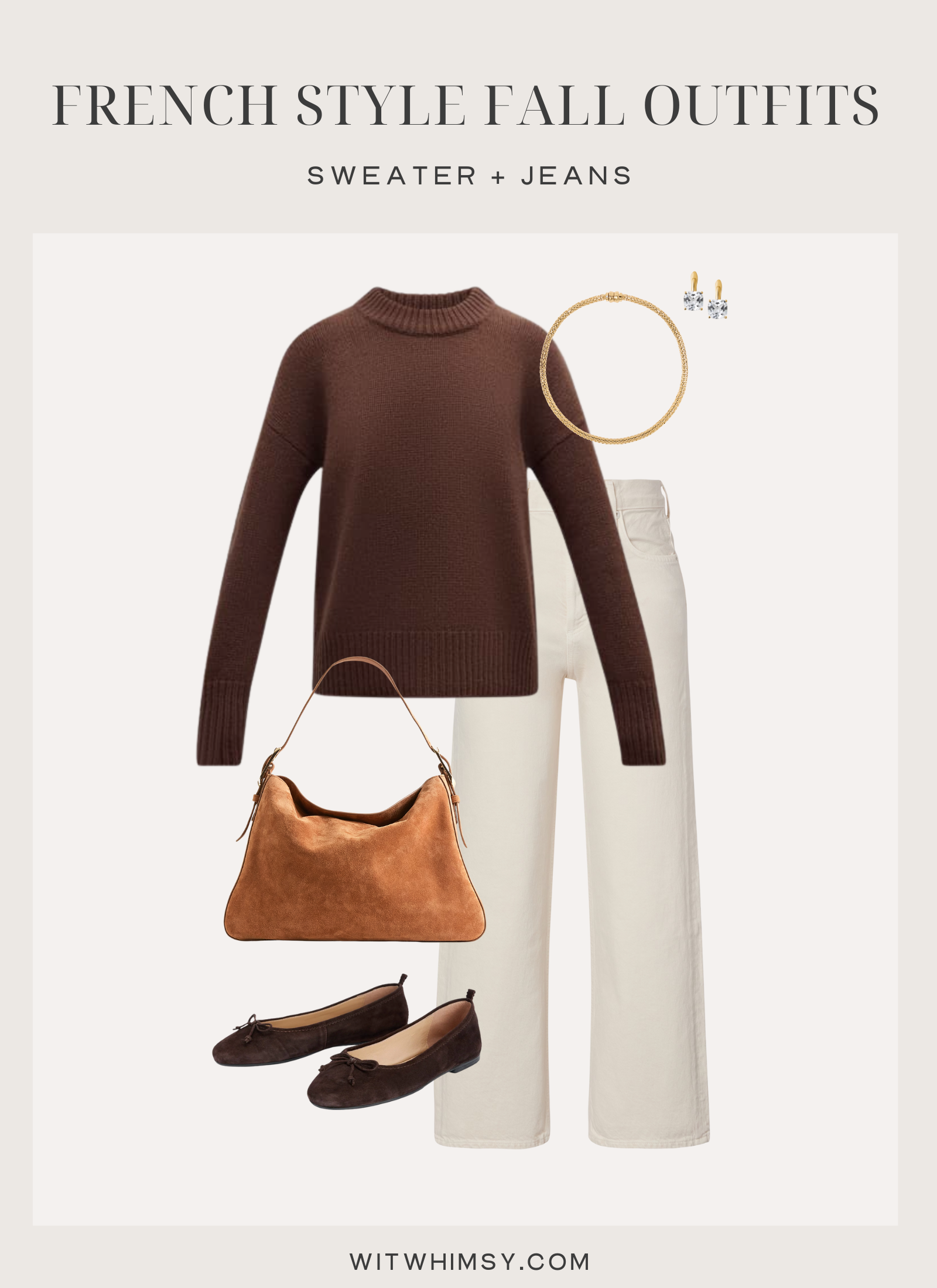 French fall outfit with brown sweater, ivory jeans, ballet flats, and suede shoulder bag