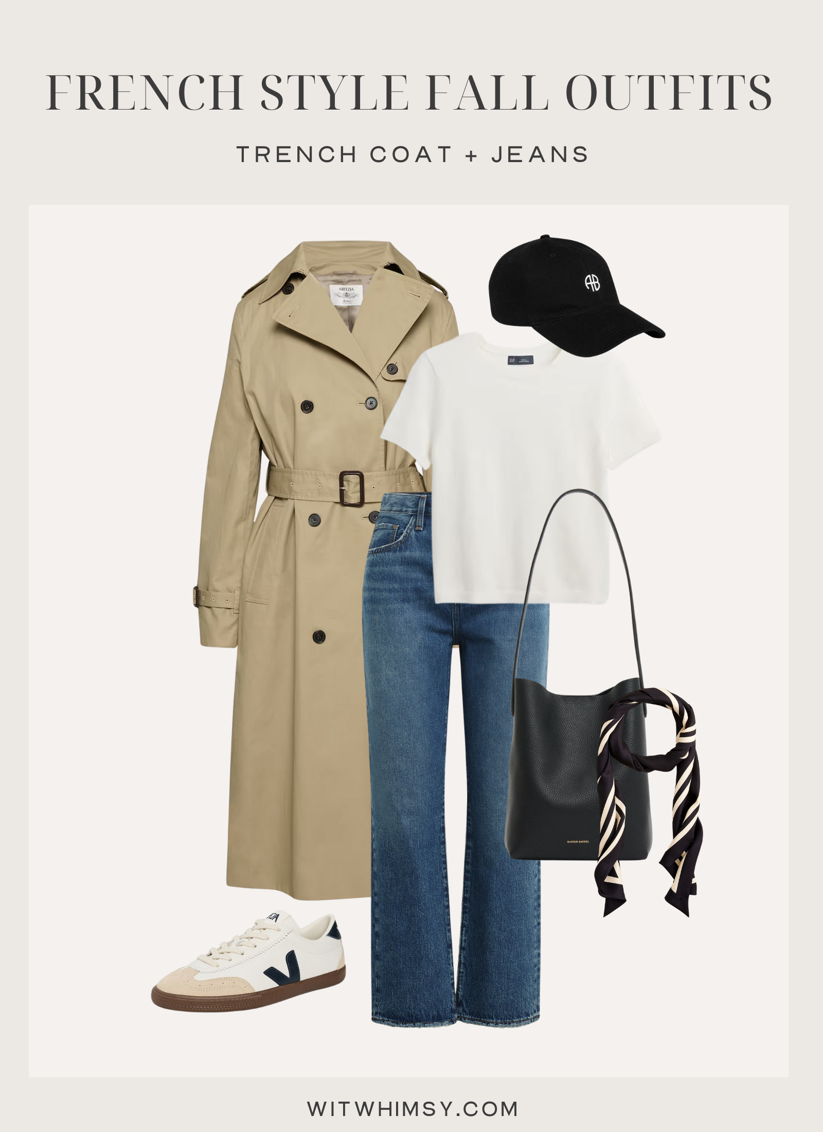 French fall outfit with trench coat, blue jeans, t-shirt, Veja sneakers, and bucket bag with scarf