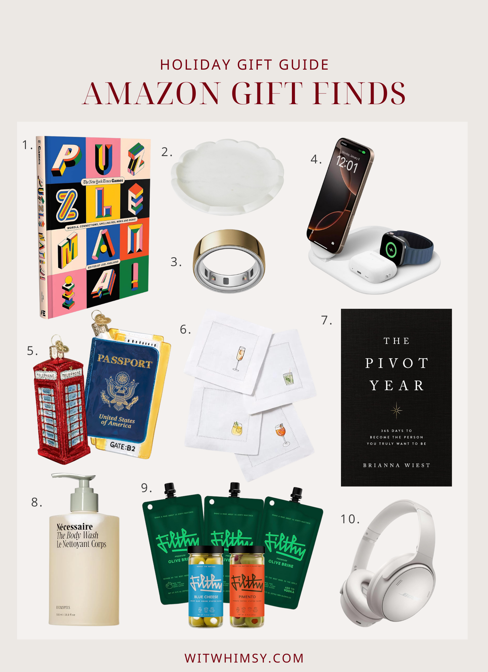 Amazon holiday gift guide collage featuring 10 curated gift ideas including a New York Times puzzle book, marble scalloped coaster, gold smart ring, 3-in-1 wireless charging station, travel-themed ornaments, embroidered cocktail napkins, The Pivot Year book, Necessaire body wash, Filthy martini kit, and white wireless headphones.
