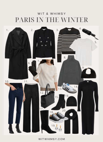 Collage of winter outfits for Paris featuring a black wool wrap coat, navy double-breasted blazer, striped sweater, cozy knits, dark denim, wide leg trousers, black boots, sneakers, leather gloves, tote bag, beanie, scarf, and winter dress from Wit & Whimsy’s Paris in the Winter packing guide.