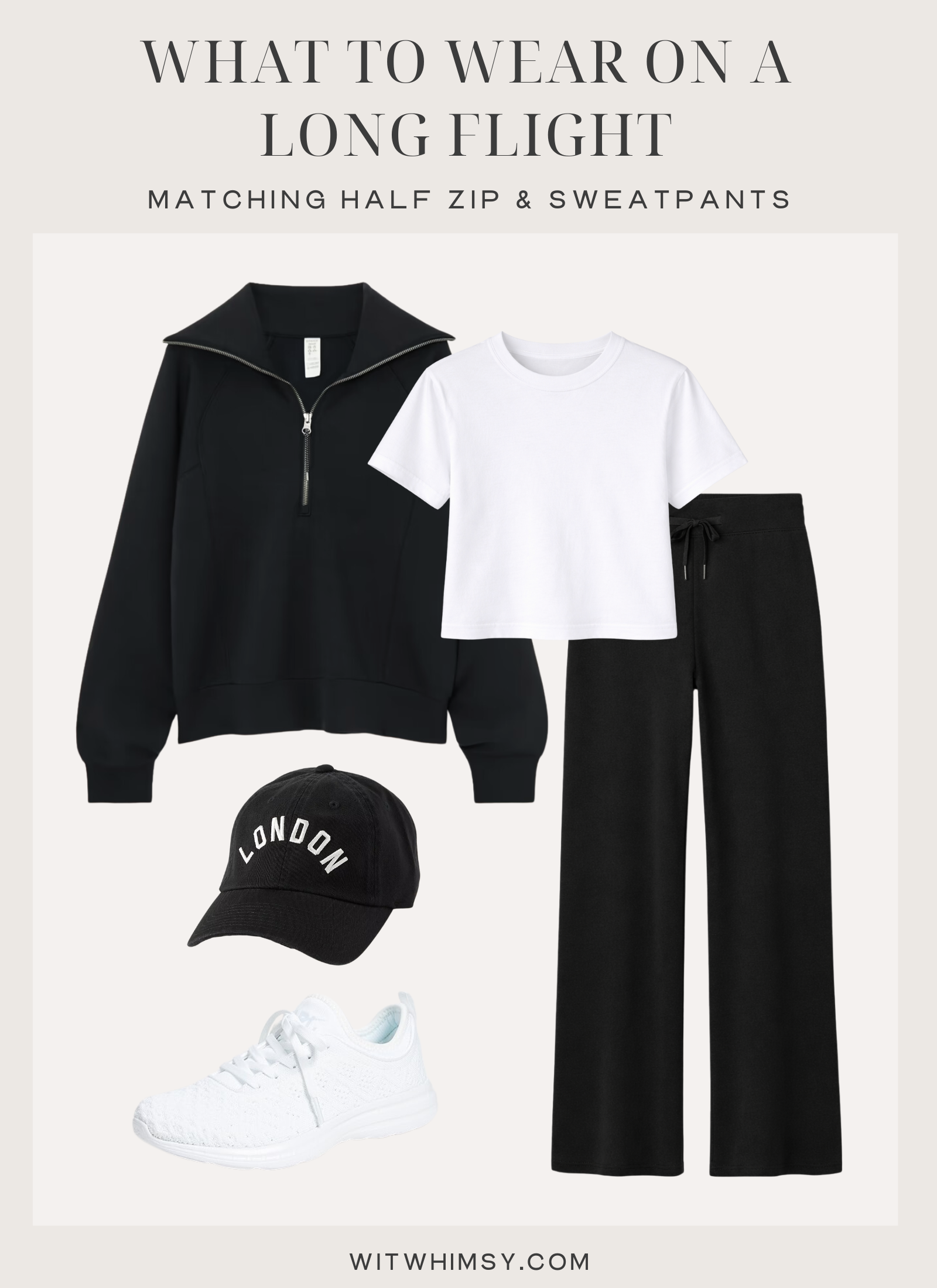 What to Wear on a Long Flight What to Wear on a Long Flight: Matching black half zip and sweatpants travel outfit with white t-shirt and sneakers