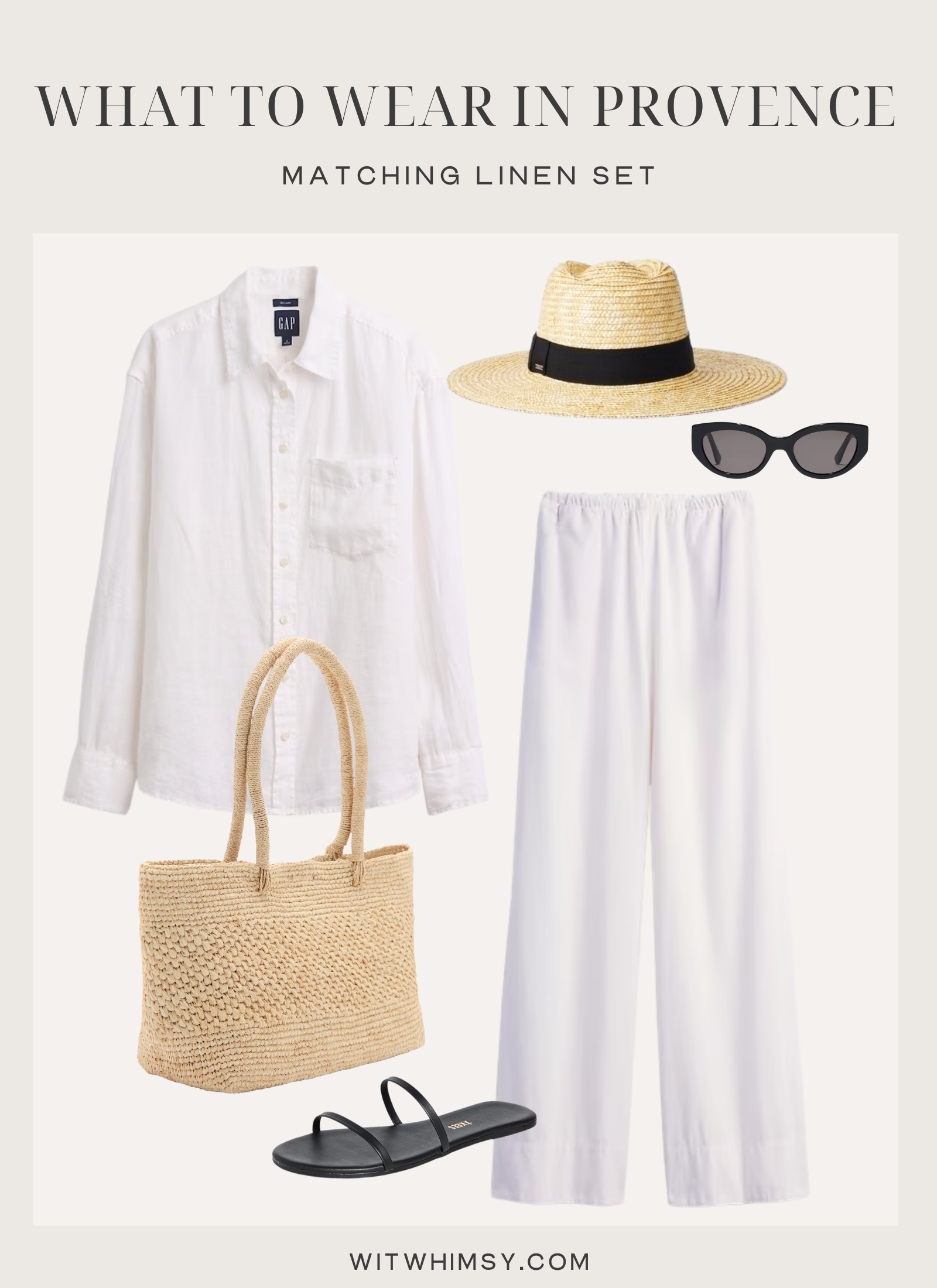 White linen matching set for Provence summer with button down shirt, wide leg pants, straw tote, hat and sandals
