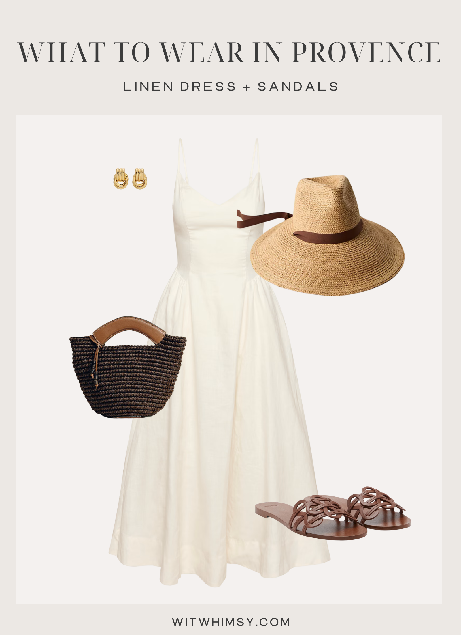 White linen dress outfit for Provence summer with straw hat, woven bag and brown sandals