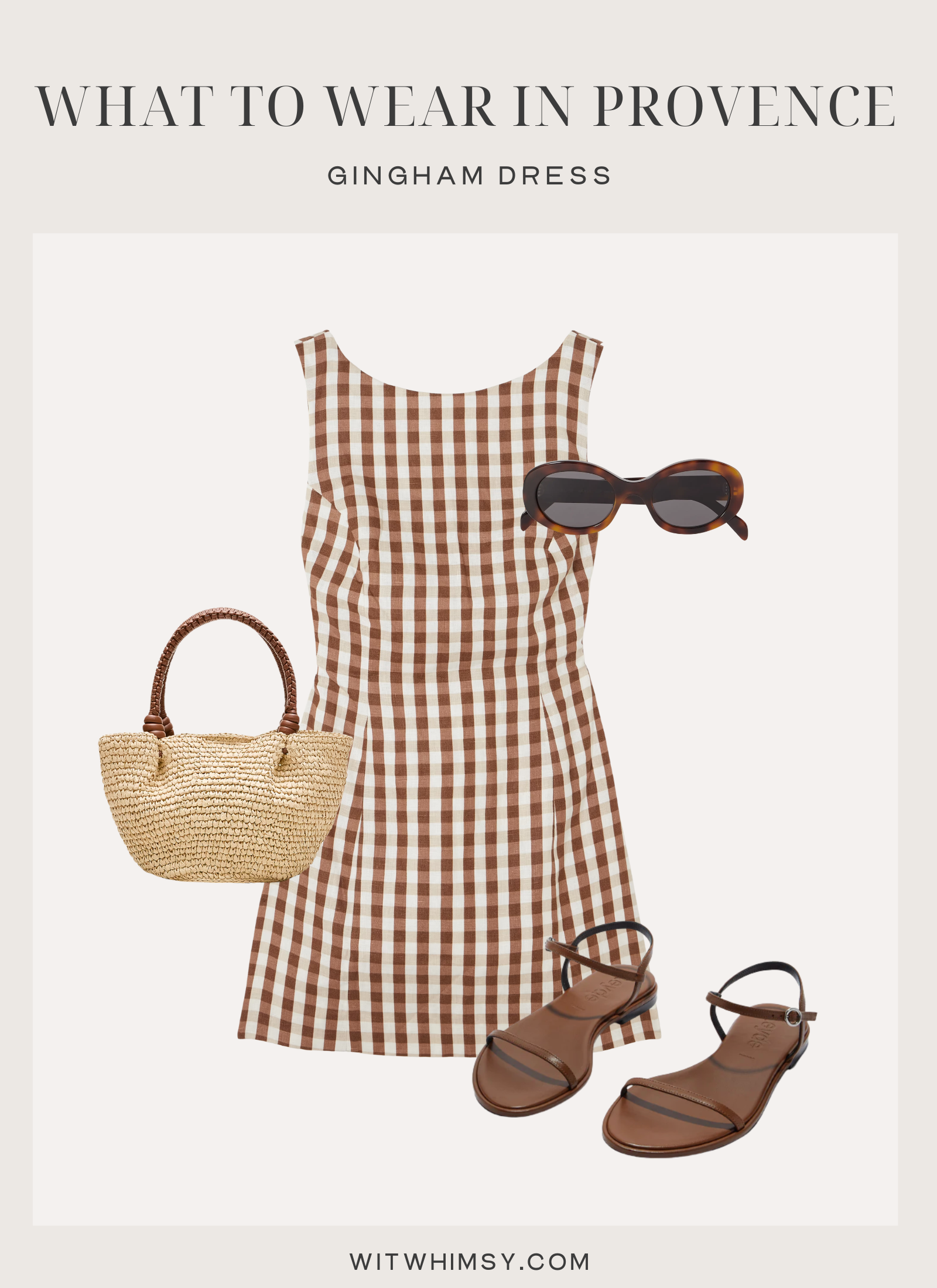 Gingham dress outfit for Provence summer with straw bag, brown leather sandals and sunglasses
