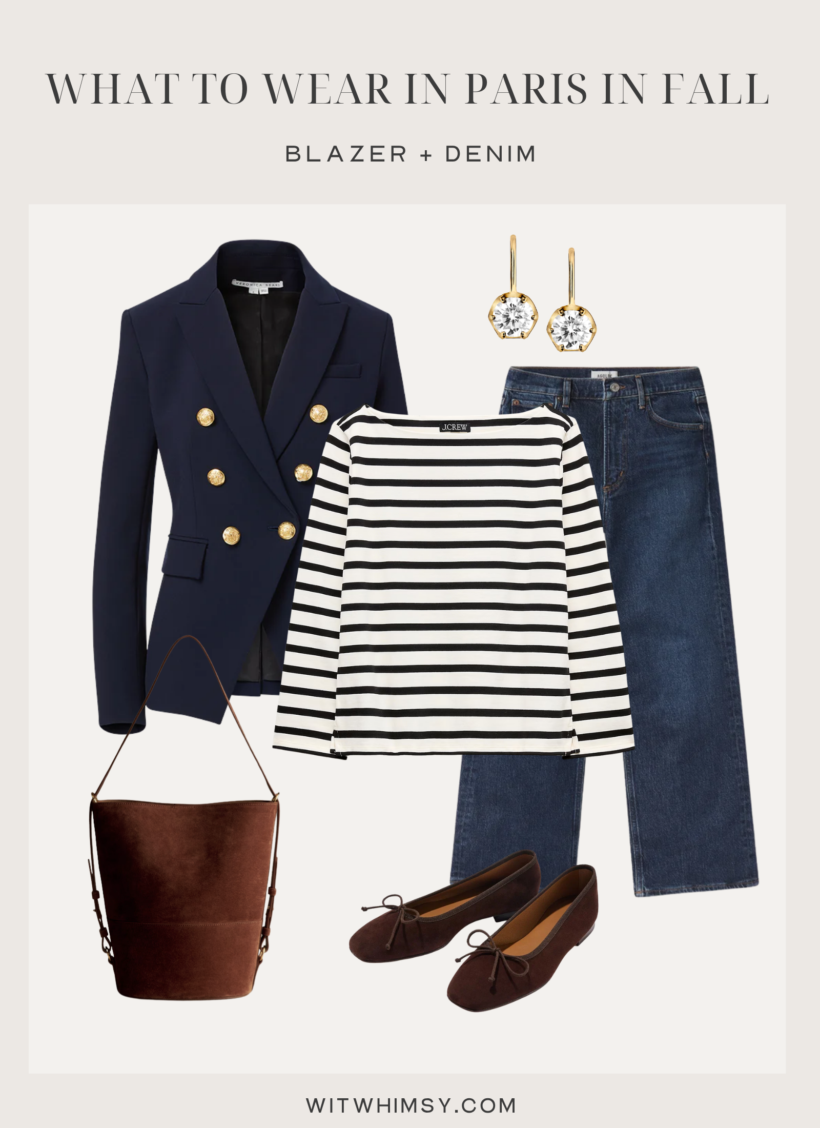 Blazer and denim with a striped shirt - What to pack for fall in Paris