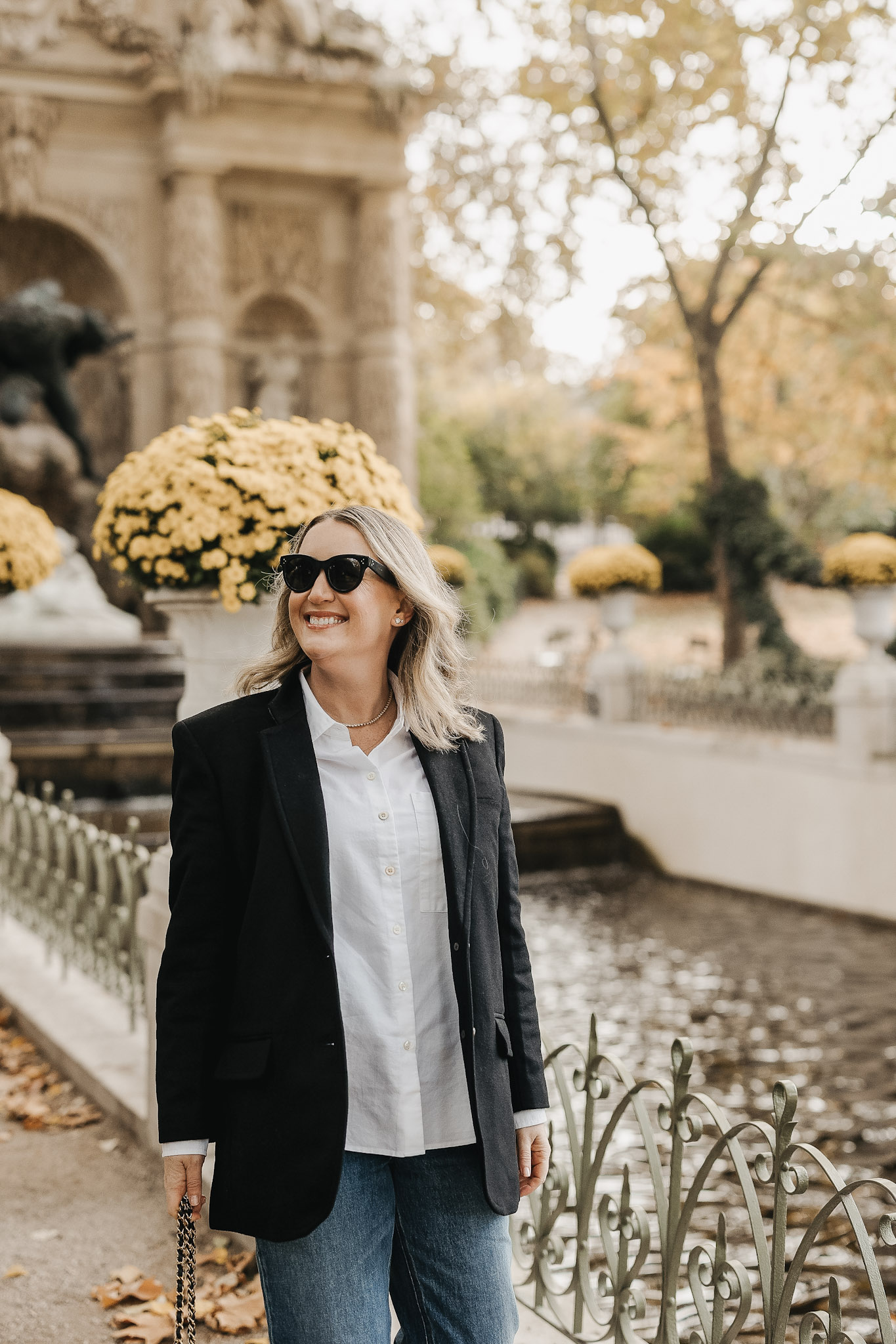 French Wardrobe Staples For Fall AYR Button Down and Blazer Outfit in Fall Paris