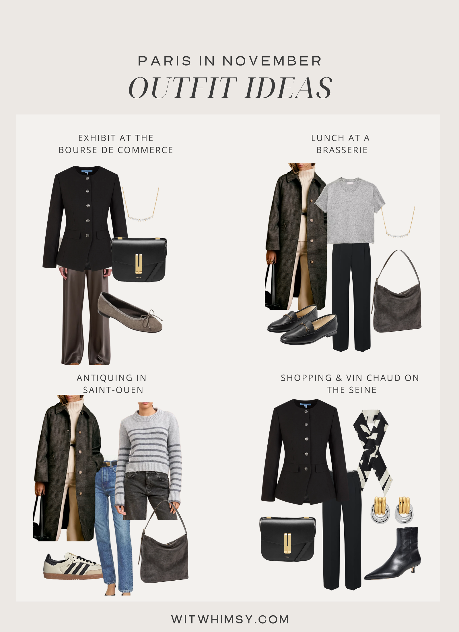 Paris in November Packing List Outfit Ideas. Black jacket, wool coat, suede bucket bag.